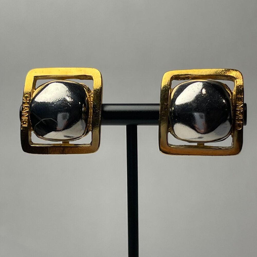 Chanel Vintage 24K Gold Plated and Silver Square Bead Clip-On Earrings- Preowned